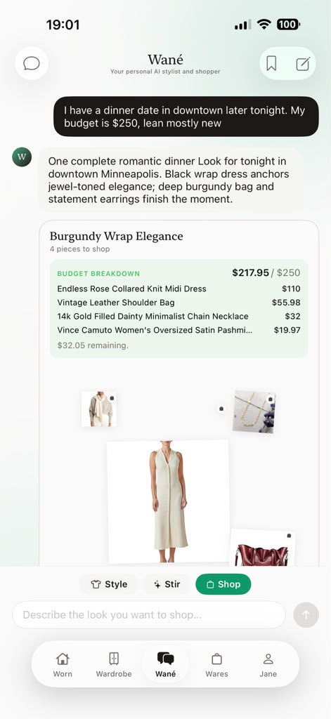 Wané Shop mode generating a complete shoppable dinner-date recommendation inside a 250 dollar budget