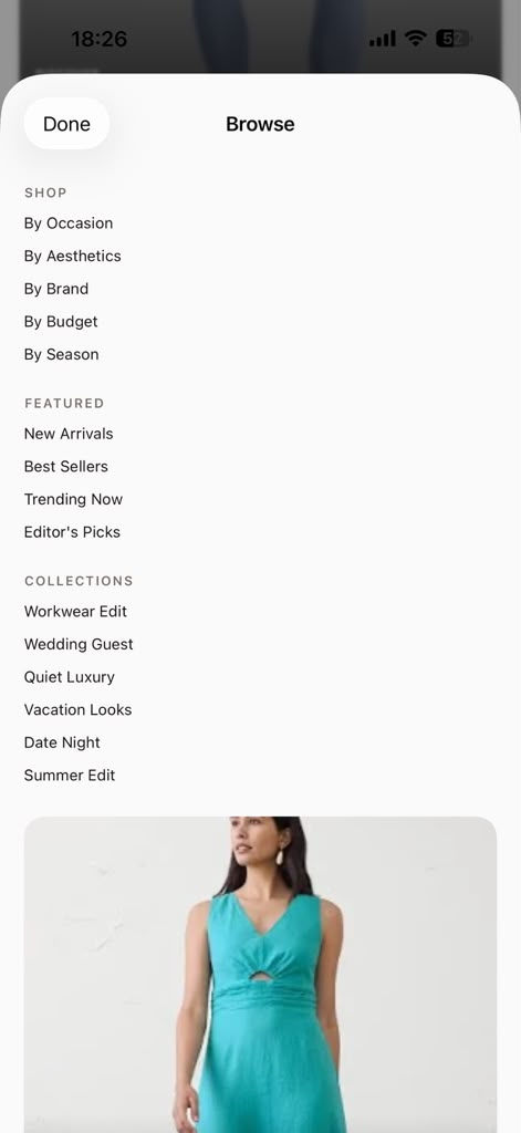 Wares Browse menu with routes by occasion, aesthetic, brand, budget, season, featured products, and collections