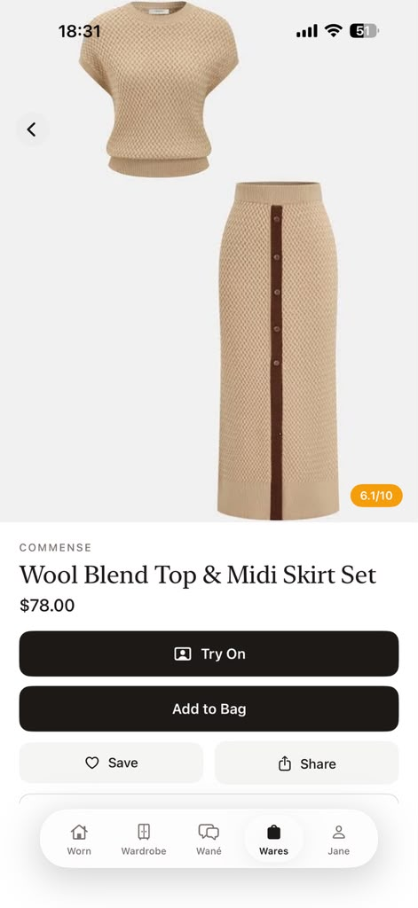 A Wares product page with match score and Try On action