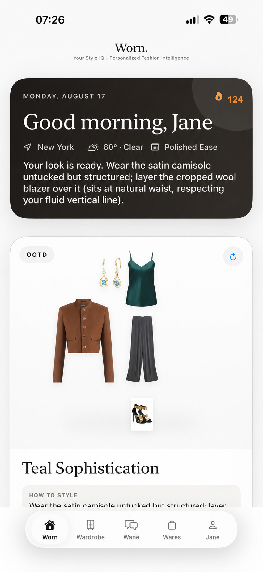 D’atour Daily presenting a personalized recommendation from weather, plans, profile, and wardrobe data with a 124 day streak