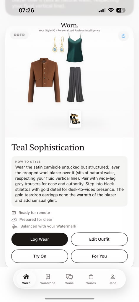 D’atour Daily showing the How to Style recommendation, context signals, and logging controls