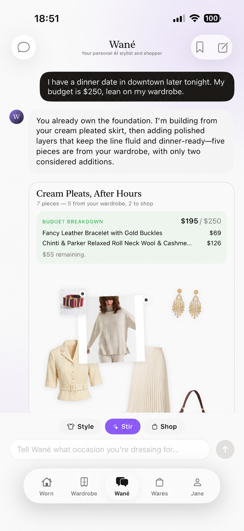 Wané Stir mode combining saved wardrobe items with a few suggested additions inside a budget