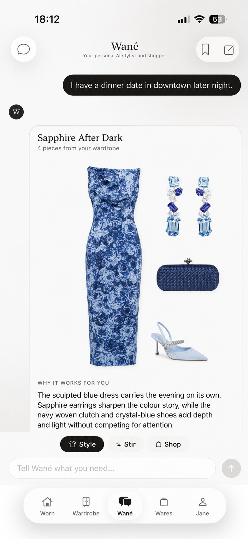 Wané Style mode generating a dinner-date recommendation entirely from the user's saved wardrobe