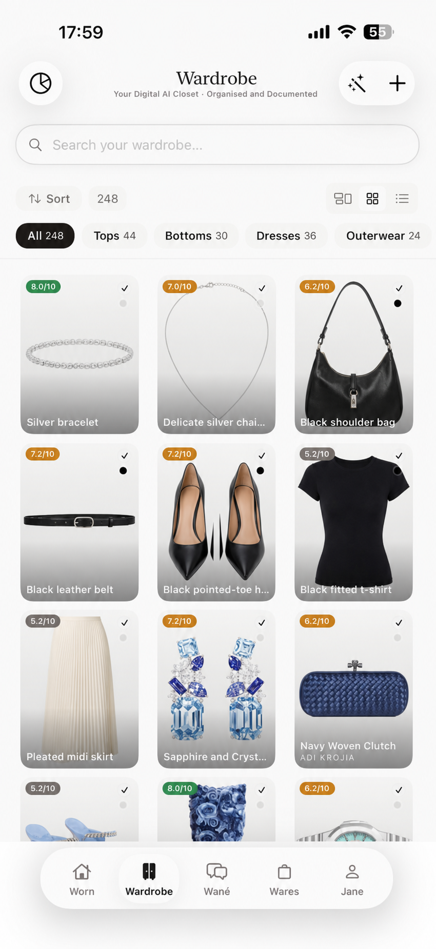 D’atour displaying saved wardrobe records in a visual grid
