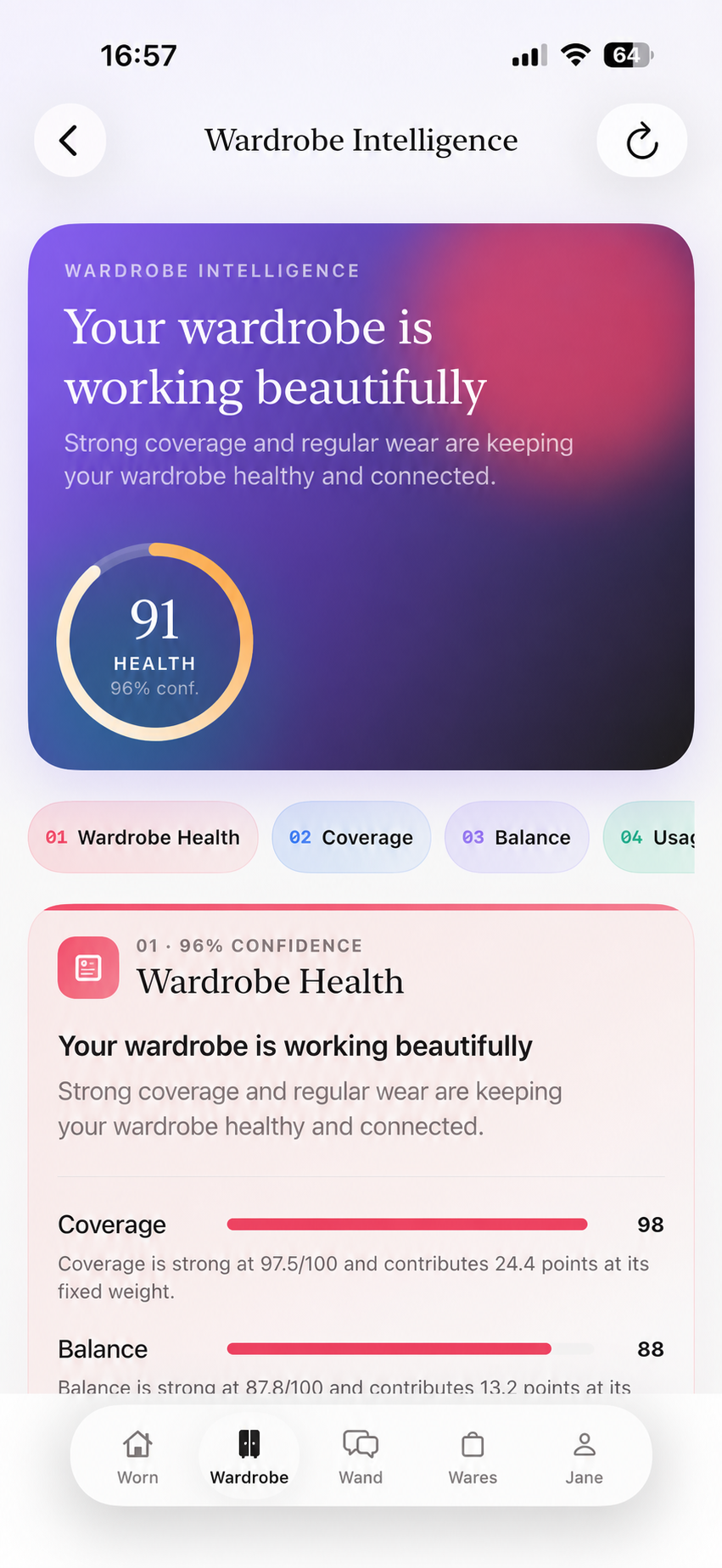D’atour Wardrobe Intelligence showing wardrobe health analysis