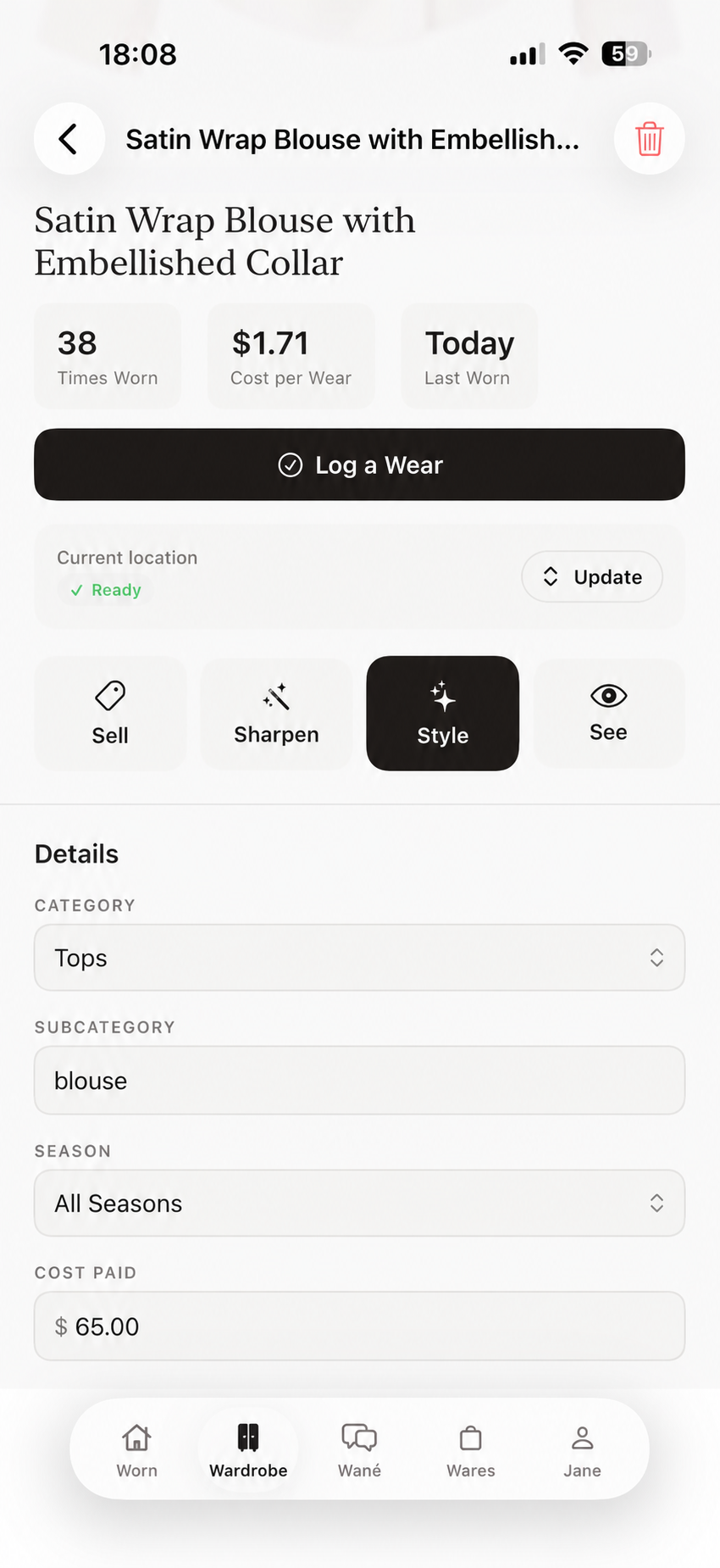 A saved wardrobe record showing wear history, location, and item controls
