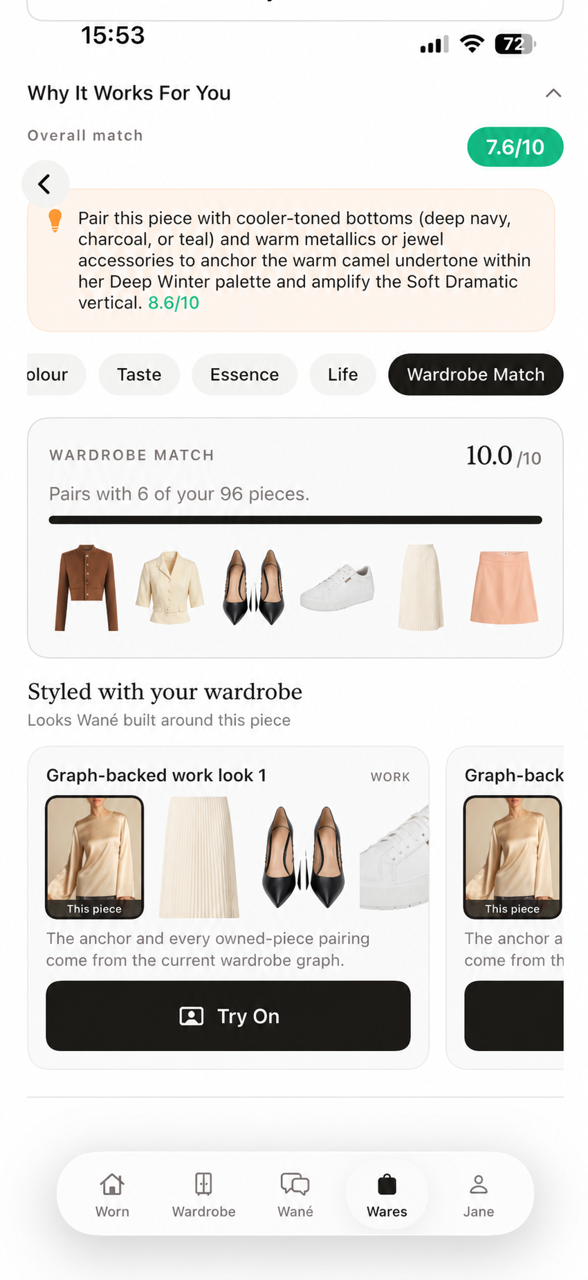 Wares showing how a result pairs with saved wardrobe pieces