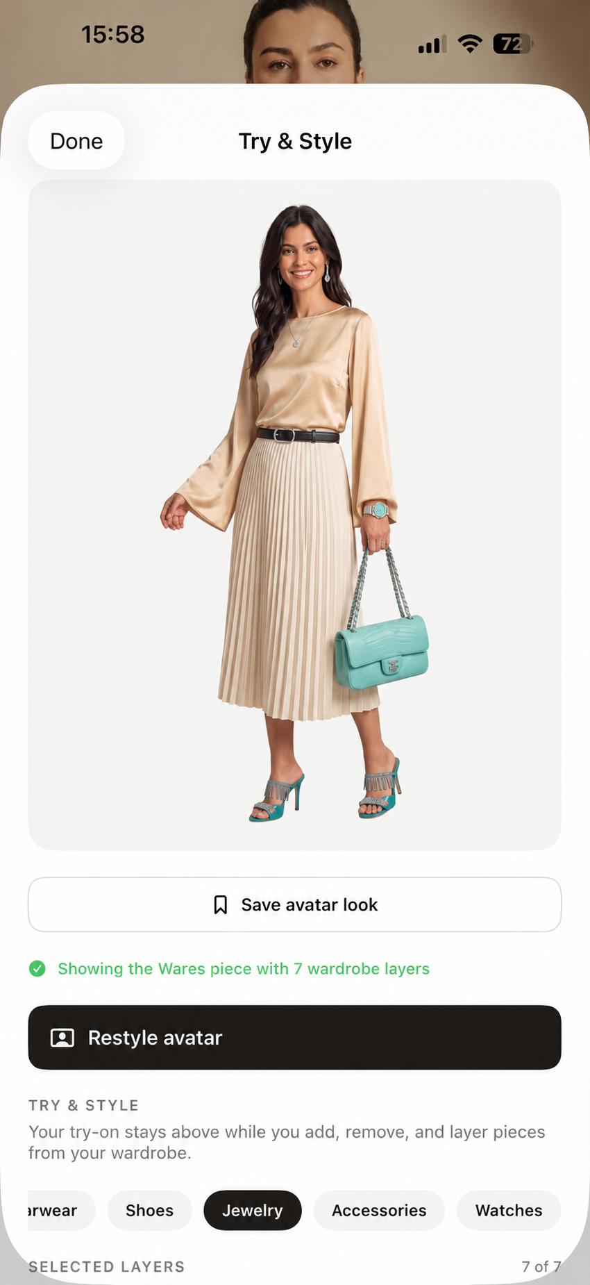 Try and Style showing a discovered result styled with saved wardrobe layers