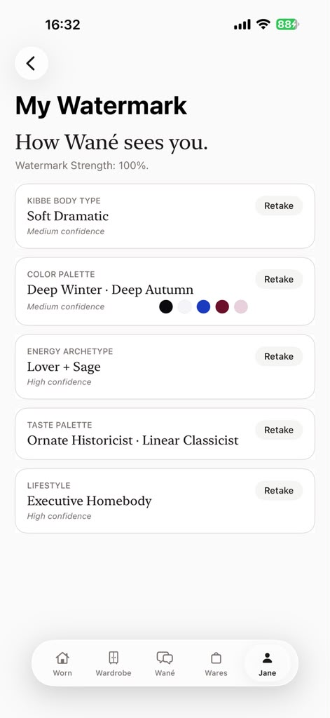 My Watermark screen showing five personal style signals in D’atour